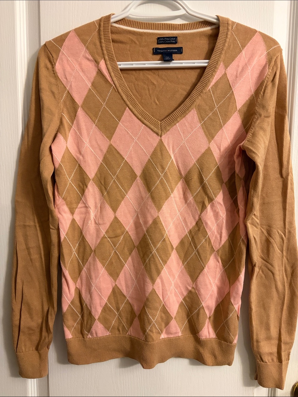 Tommy Hilfiger Vintage Y2K Pink and Camel Argyle V-Neck Sweater